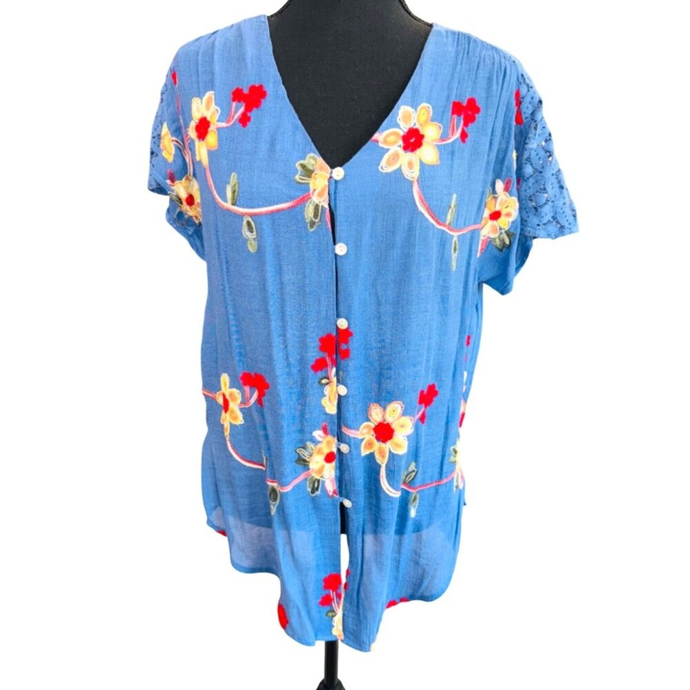 Anthropologie Fig & Flower Blue Embroidered Button Blouse M Crochet Lace Cottage